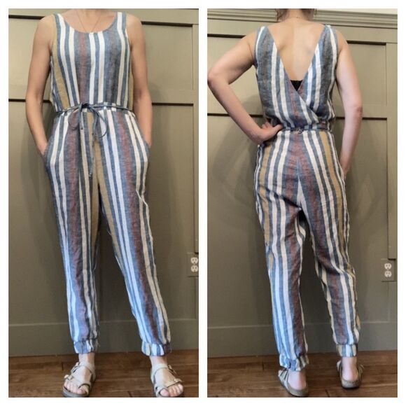 𝅺ANTHROPOLOGIE Drew Striped Linen Sleeveless Jumpsuit Size XS - Picture 2 of 10